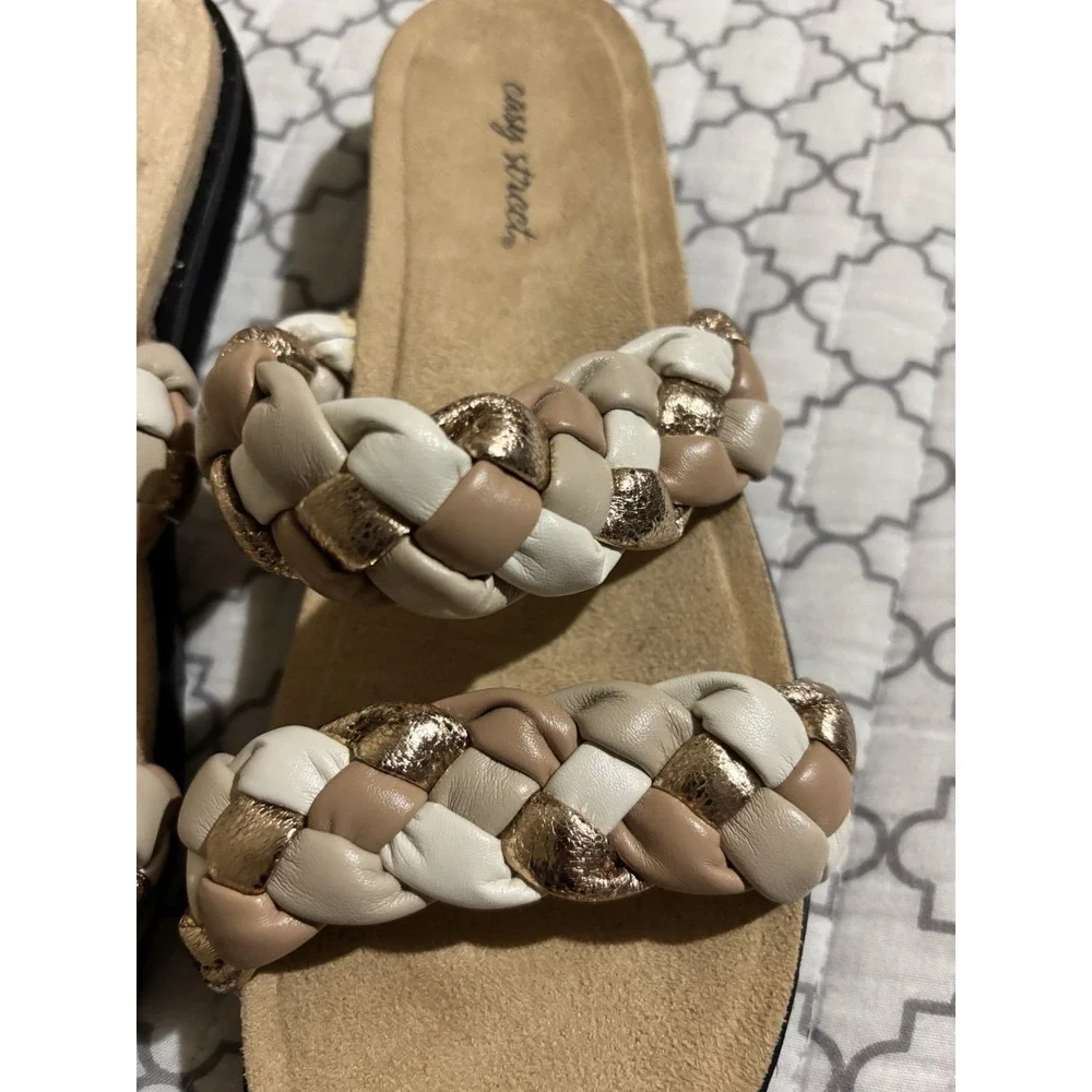 Easy Street Womens Braided Double Strap Slide Sandals Gold Beige Cream Size 7.5M